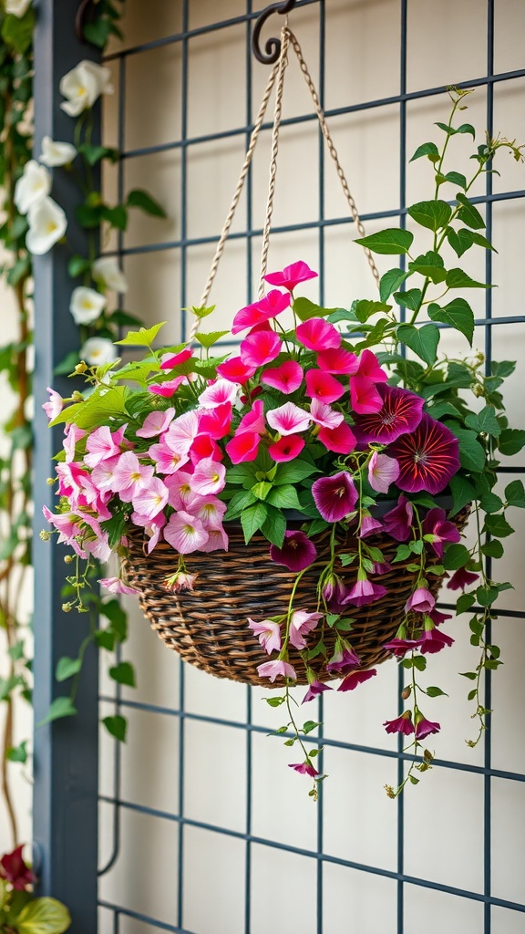 Hanging basket filled with colorful flowering plants, showcasing vibrant pink and purple blooms.