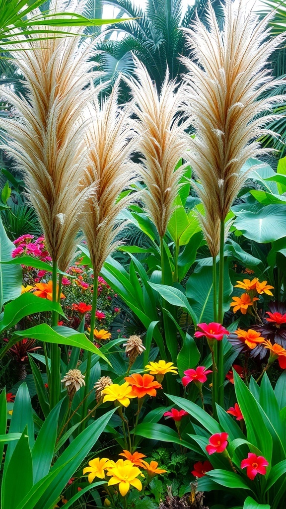 A vibrant tropical garden featuring tall ornamental grasses and colorful flowers.