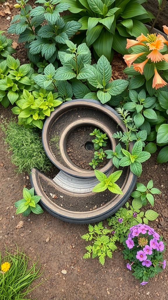 A terracotta herb spiral surrounded by various herbs and colorful flowers in a garden.
