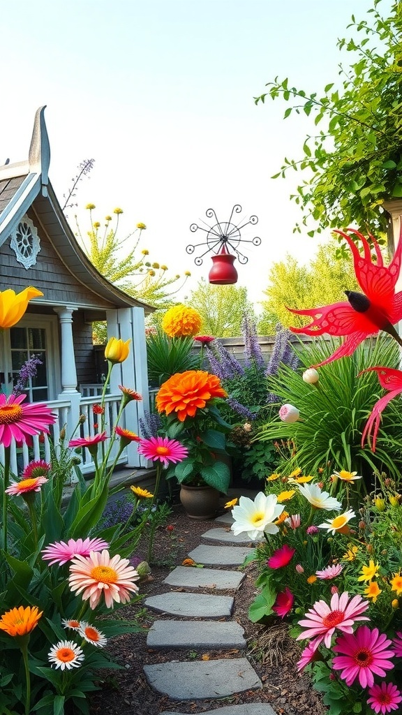 A colorful cottage flower garden with a stone pathway and decorative elements.