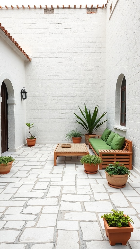 A white stone patio featuring a wooden bench with green cushions and potted plants.