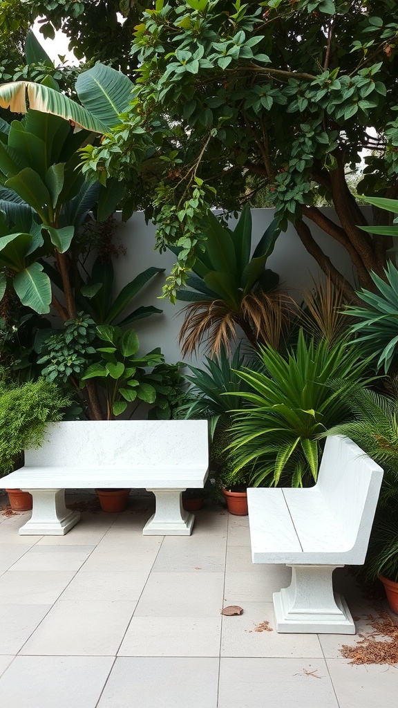 A white stone seating area surrounded by lush greenery and potted plants.