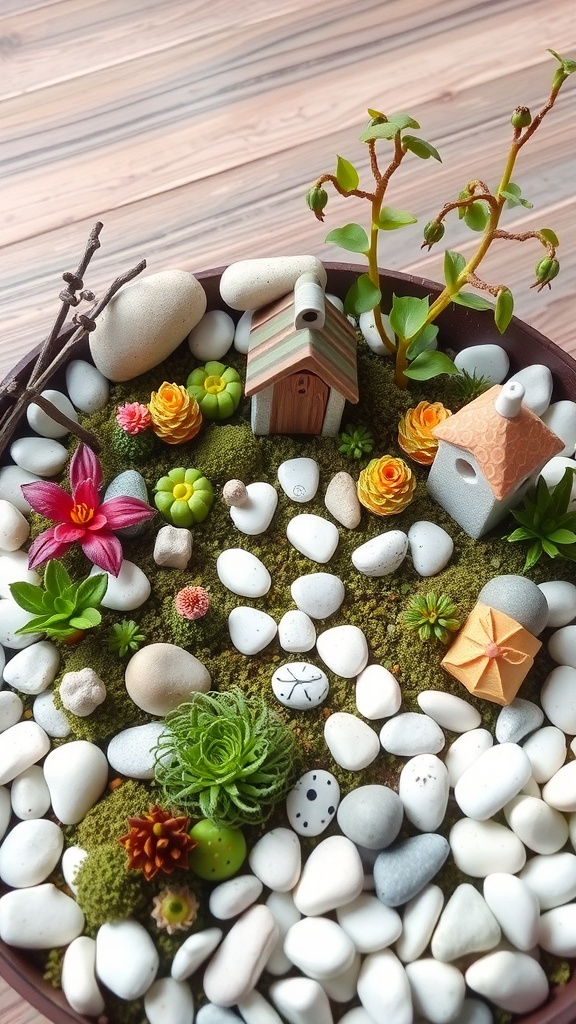 A whimsical fairy garden with white stones, tiny plants, a fairy figurine, a wooden house, and a small animal figurine.