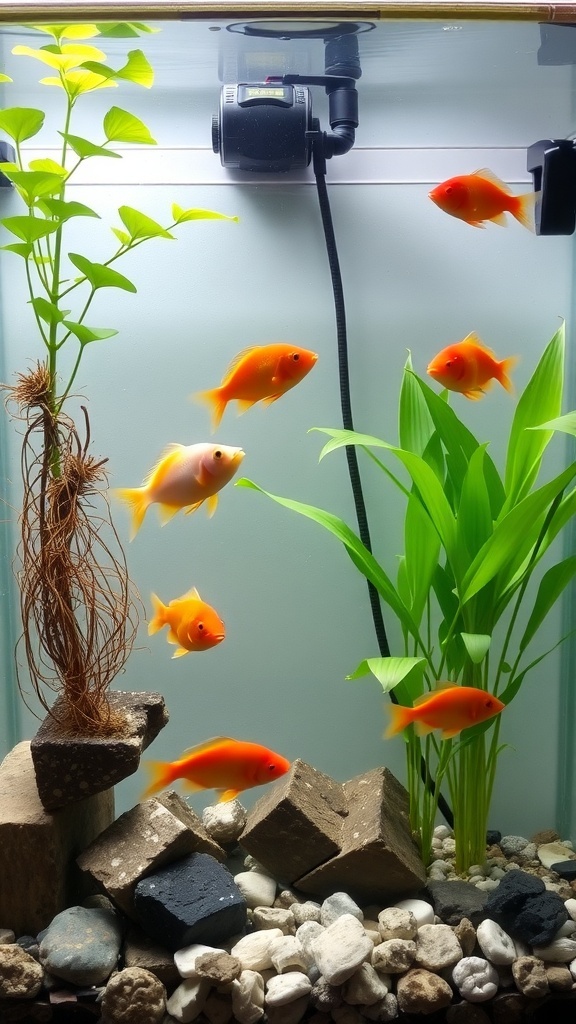 An indoor water garden featuring a fishbowl with goldfish and aquatic plants, illuminated by a light.