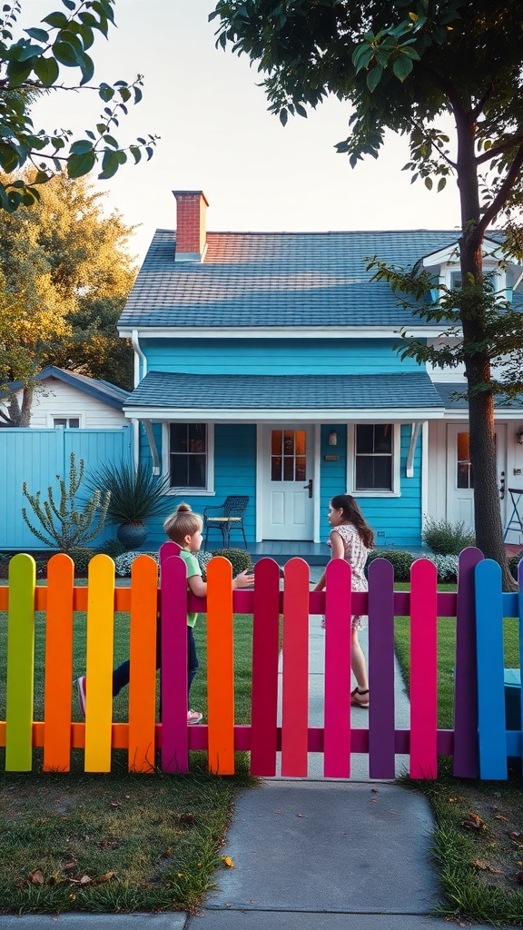 A colorful vinyl fence in shades of pink, orange, yellow, and green surrounding a front garden, with children playing in the background.