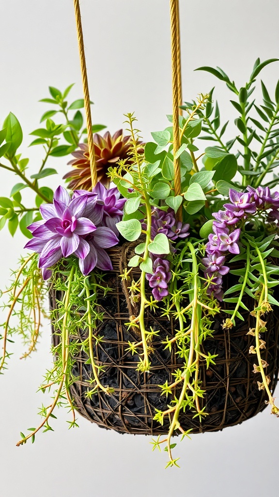 A hanging basket filled with various plants, featuring purple flowers and green foliage.