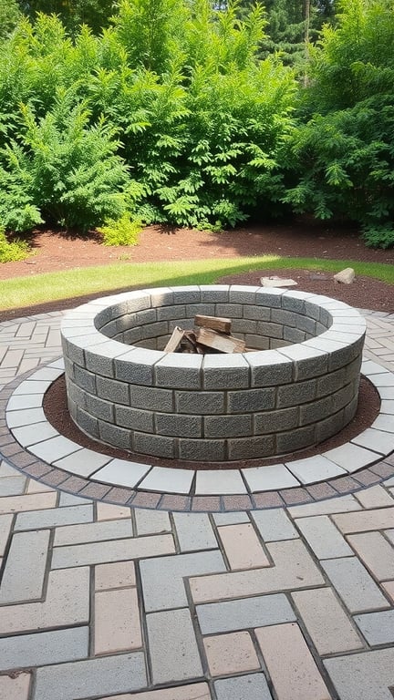 Cinder block fire pit surrounded by paver stones and greenery