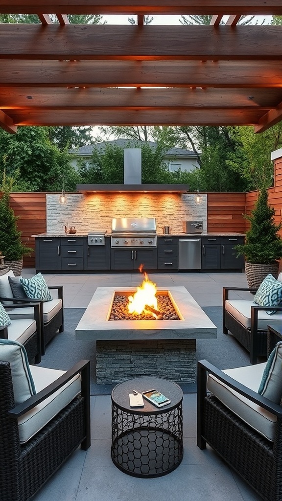 A contemporary outdoor kitchen with a fire table, surrounded by comfortable seating.