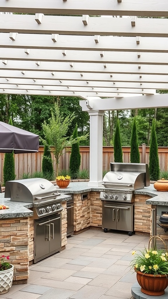 Outdoor kitchen with a pergola and built-in grills