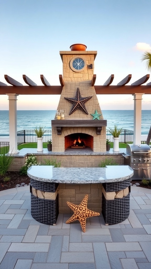 Outdoor kitchen with a stone fireplace and starfish decor, overlooking the ocean.