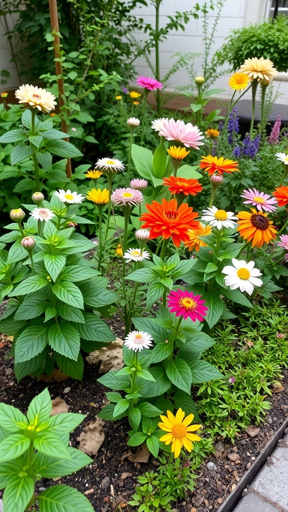 A colorful small cottage garden filled with various flowers including daisies, zinnias, and marigolds.