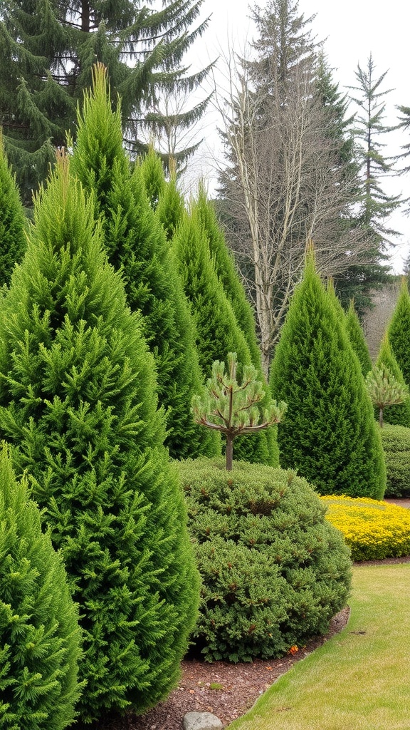 A variety of lush evergreen trees and shrubs in a garden setting.