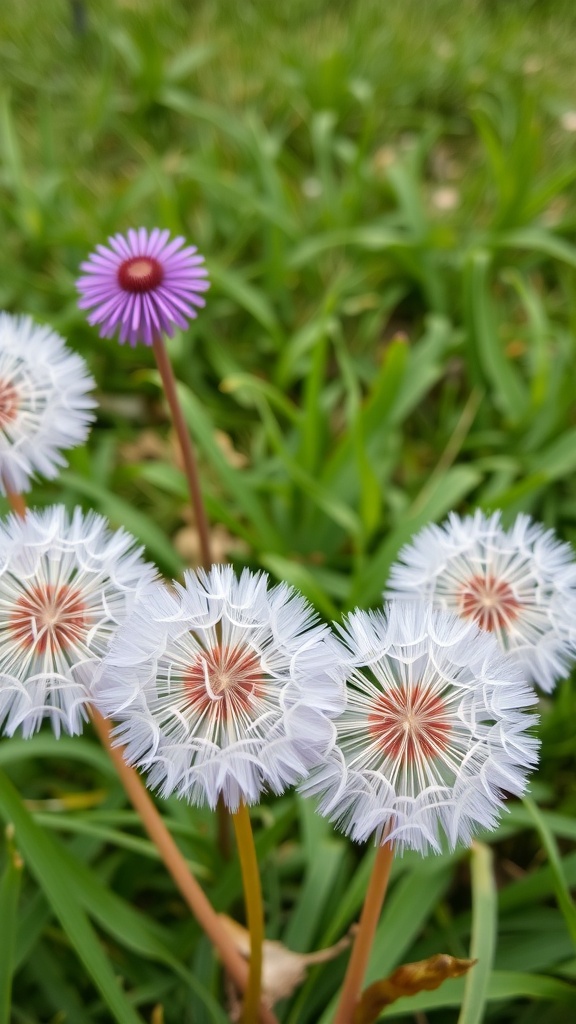 A group of dandelions with fluffy white seed heads and a single purple flowering dandelion in the center, set against green grass.