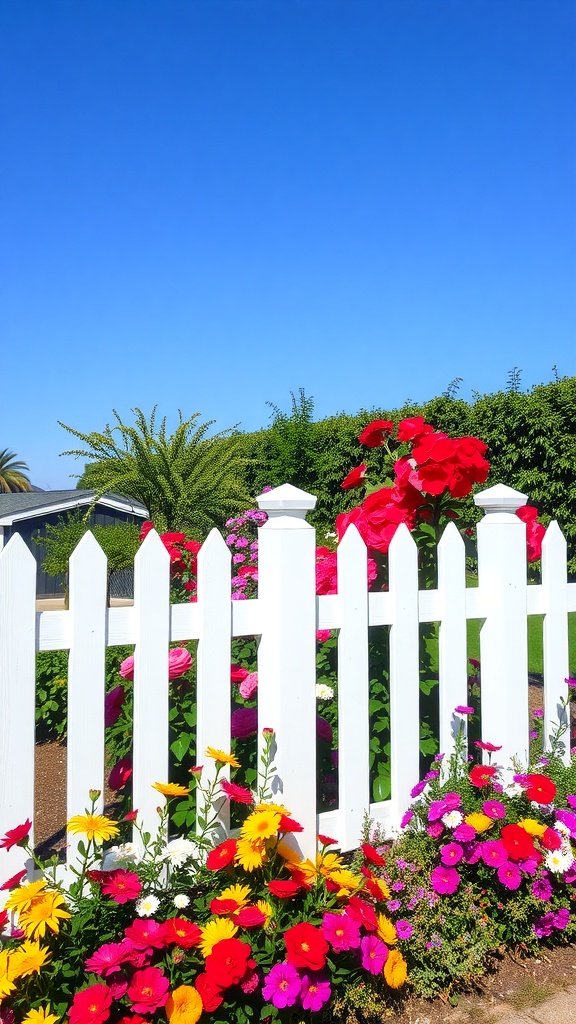 A charming white pickett fence surrounded by colorful flowers in a front garden.