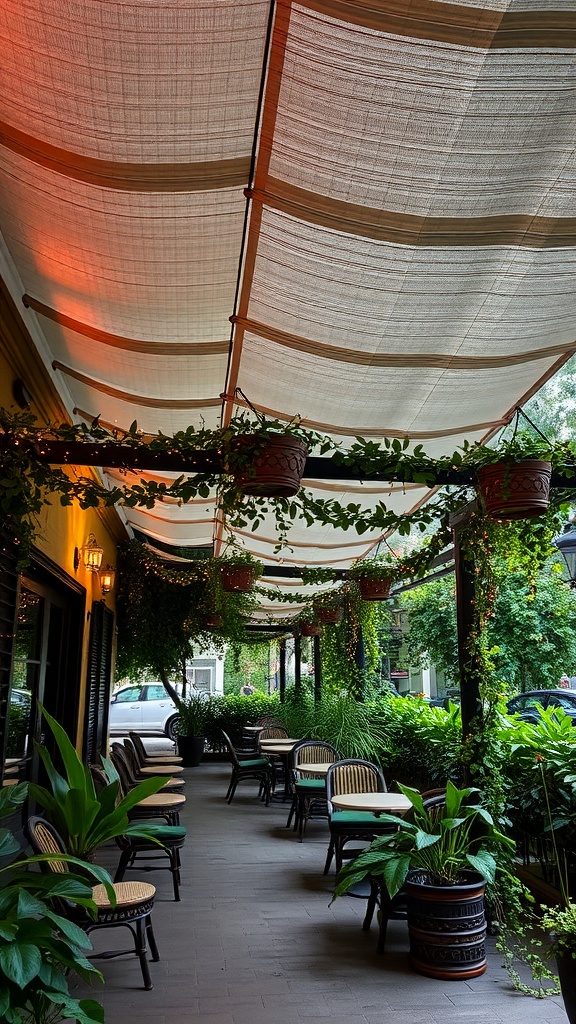 A patio with a soft canopy overhead, surrounded by plants and stylish seating.