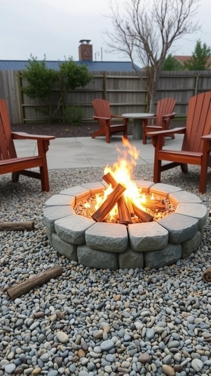 A rustic fire pit made of stone surrounded by gravel, with wooden chairs nearby.