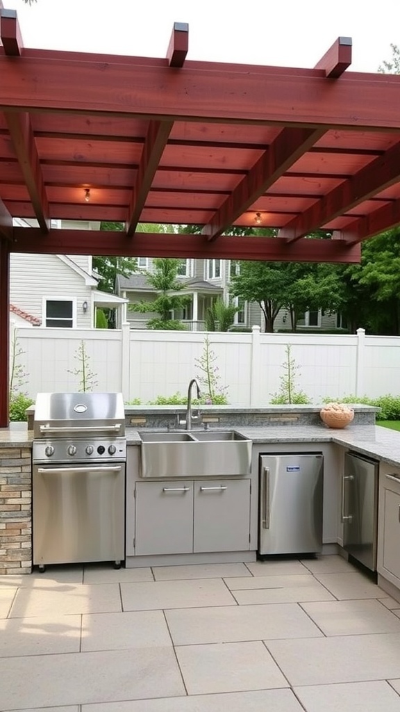 Outdoor kitchen with a pergola, featuring a sink, prep area, and stainless steel appliances.