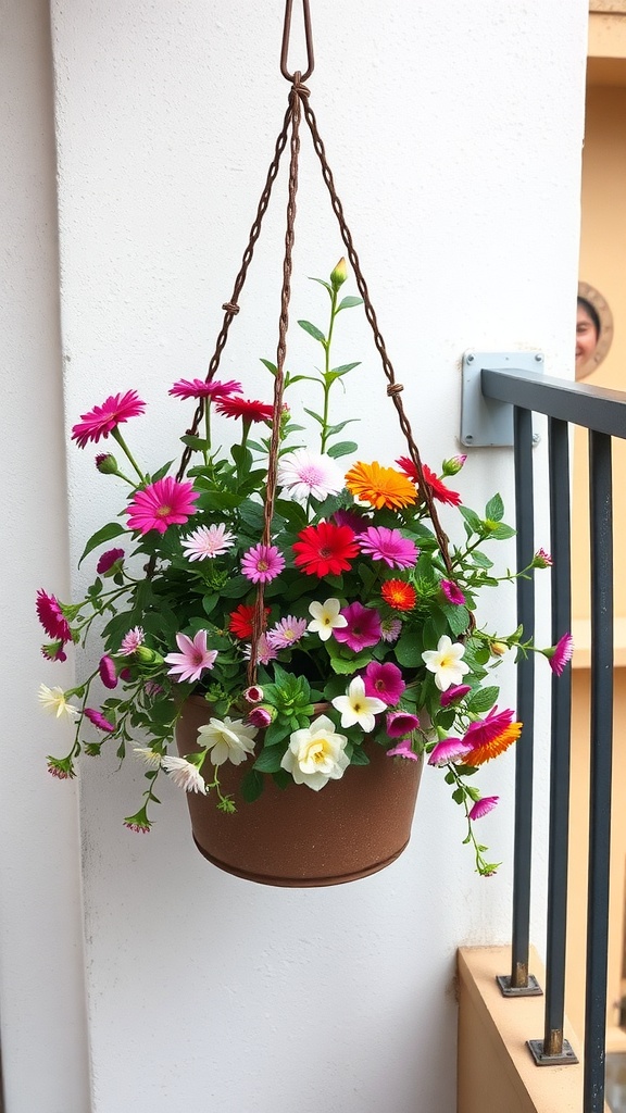 A colorful hanging basket filled with various flowers, hanging from a balcony railing.