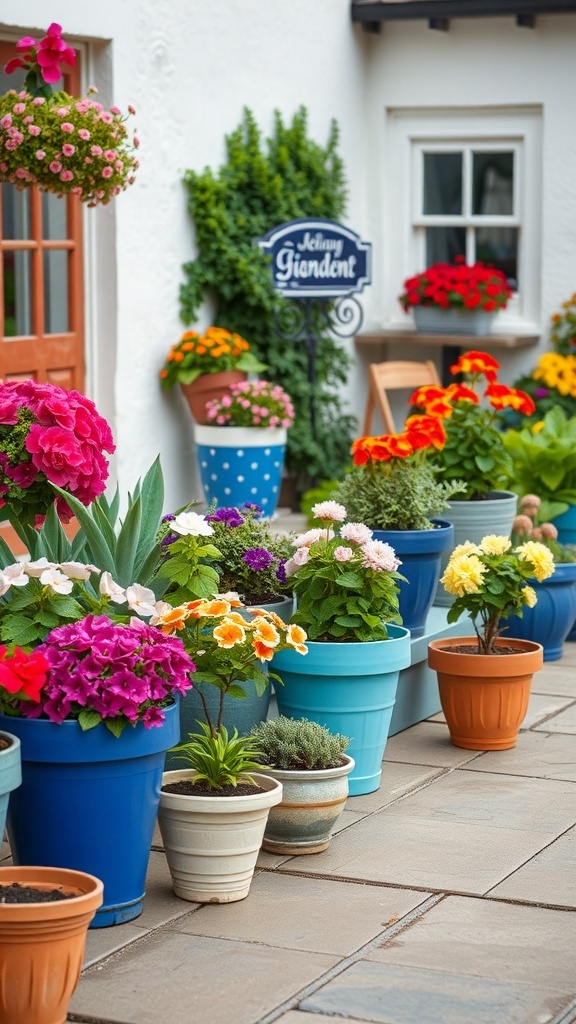Colorful flower pots in a cottage garden setting