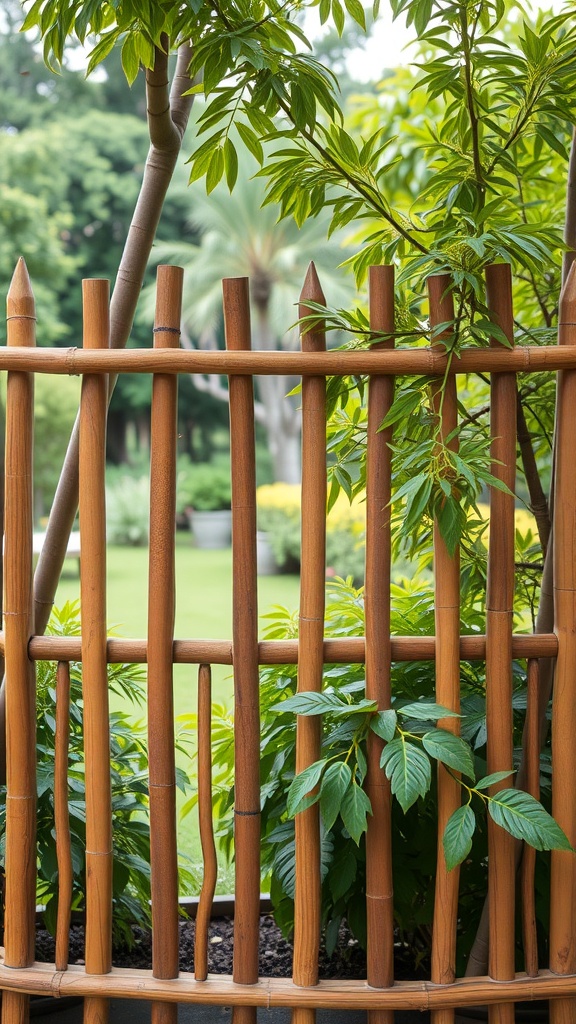 A wooden bamboo fence with green plants in the background