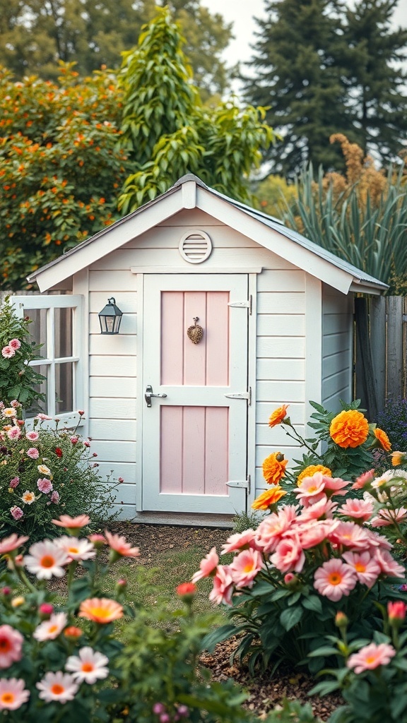 A charming garden shed painted in pastel colors, surrounded by vibrant flowers.