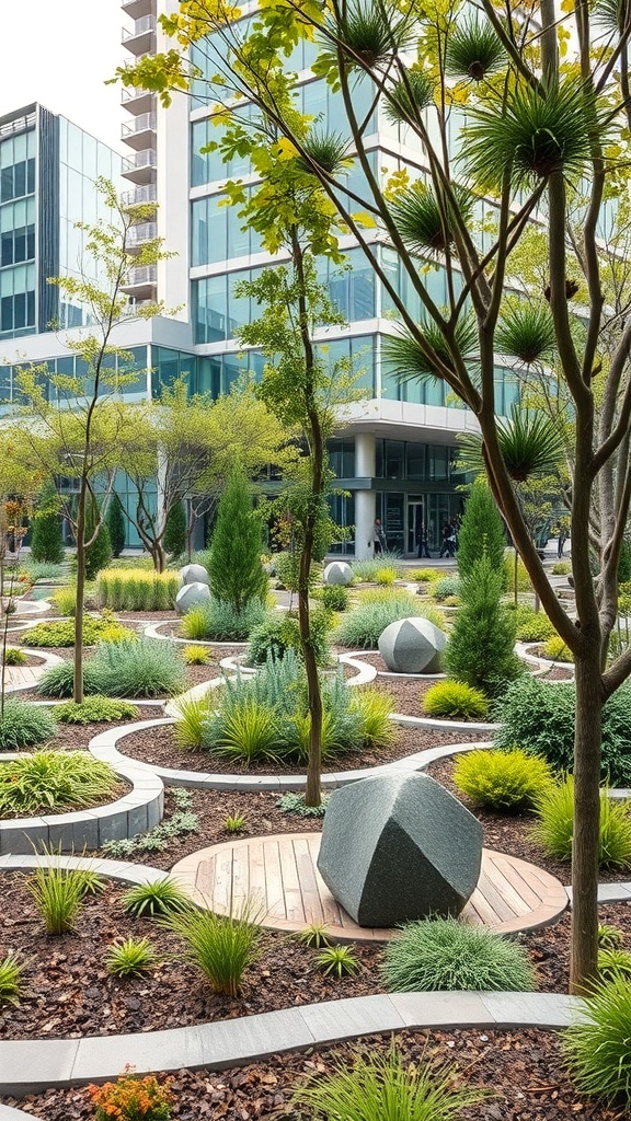 A sustainable urban forest garden with winding paths, trees, and modern buildings in the background.