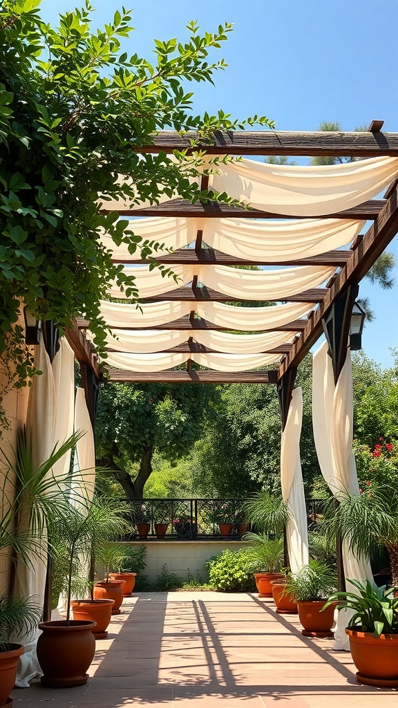 A Mediterranean-style pergola with draped fabrics and potted plants