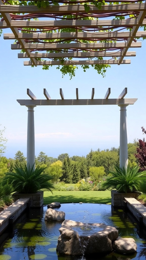 A pergola with a water feature below, featuring lush greenery and a tranquil atmosphere.
