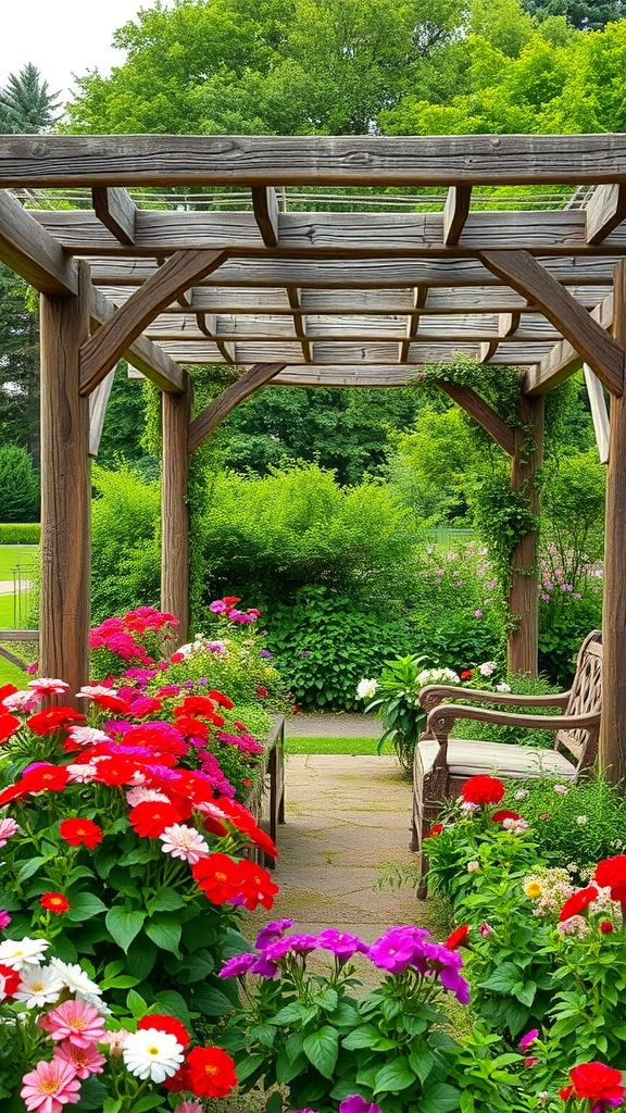 A rustic wooden pergola surrounded by colorful flowers in a garden.