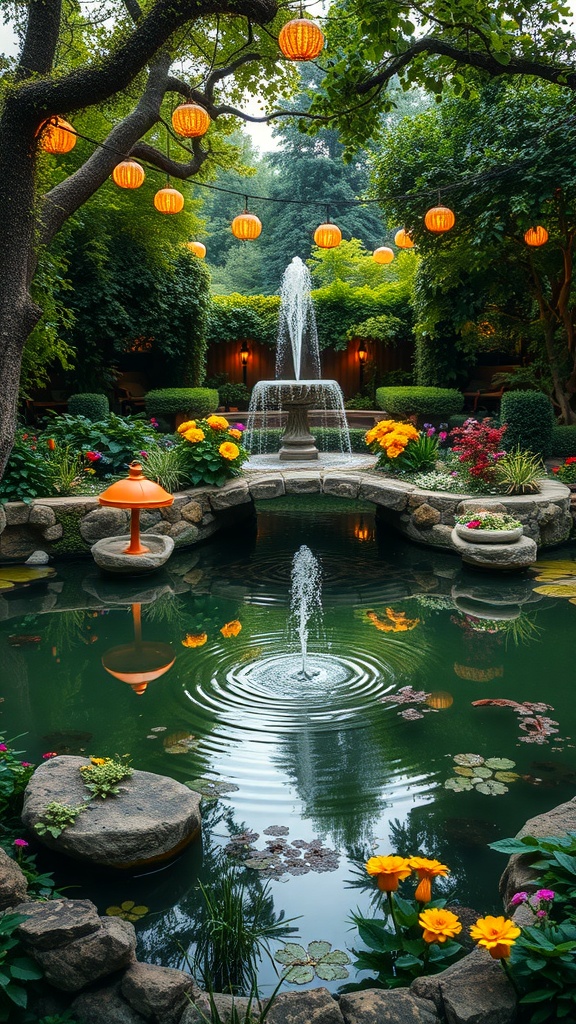 A beautiful garden pond with a fountain, surrounded by colorful flowers and lanterns.