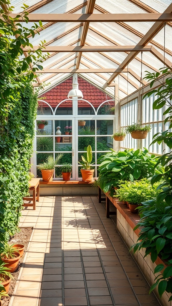 Interior of a Mediterranean style greenhouse with plants in terracotta pots and large windows