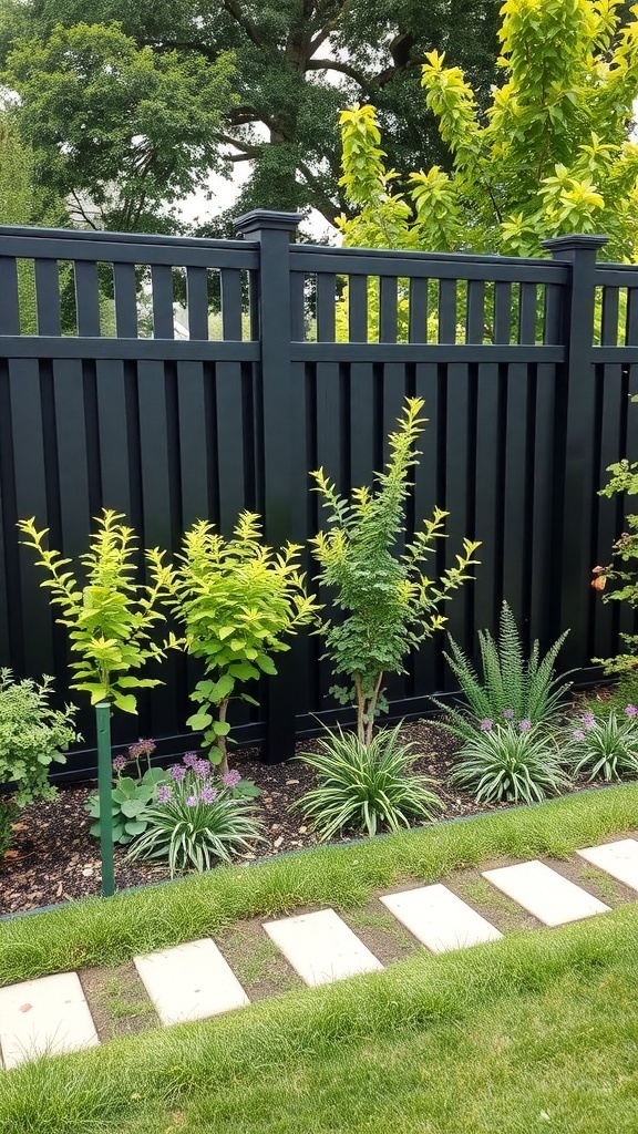 A garden with a black fence, featuring green plants and a stone pathway.