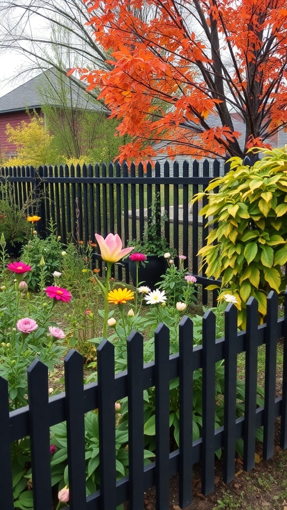 A vibrant garden with a black fence, showcasing seasonal flowers and an orange-leaved tree.