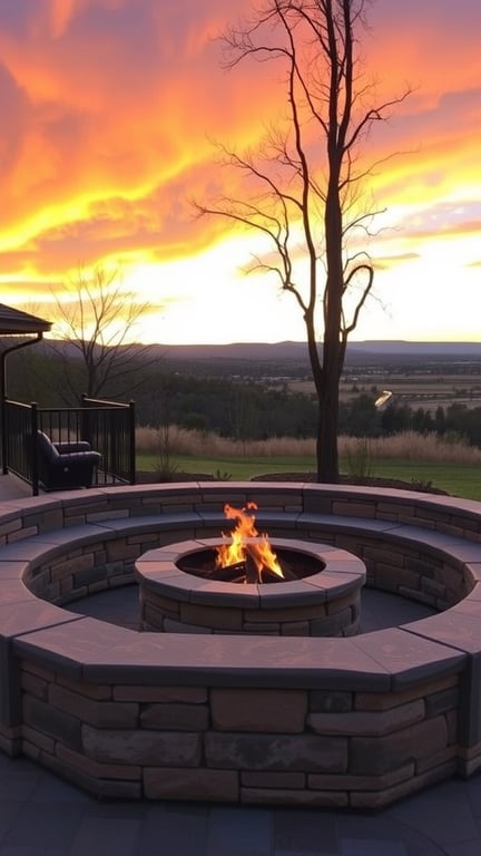 A masonry fire pit surrounded by built-in seating, with a beautiful sunset in the background.