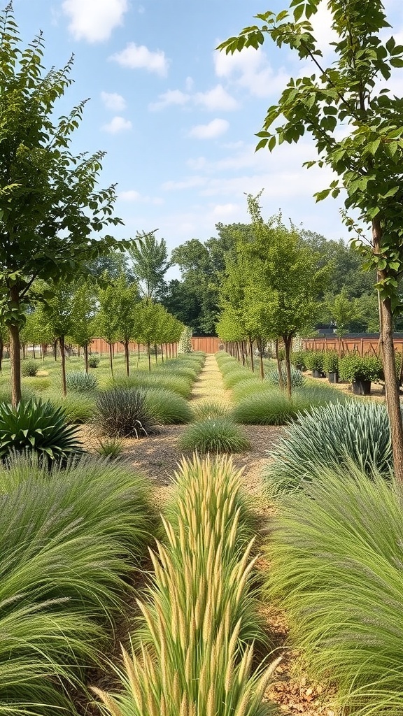 A beautiful garden featuring ornamental grasses and grassy pathways leading through rows of plants.