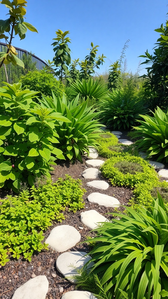A garden pathway made of white stones surrounded by lush green plants under a clear blue sky.