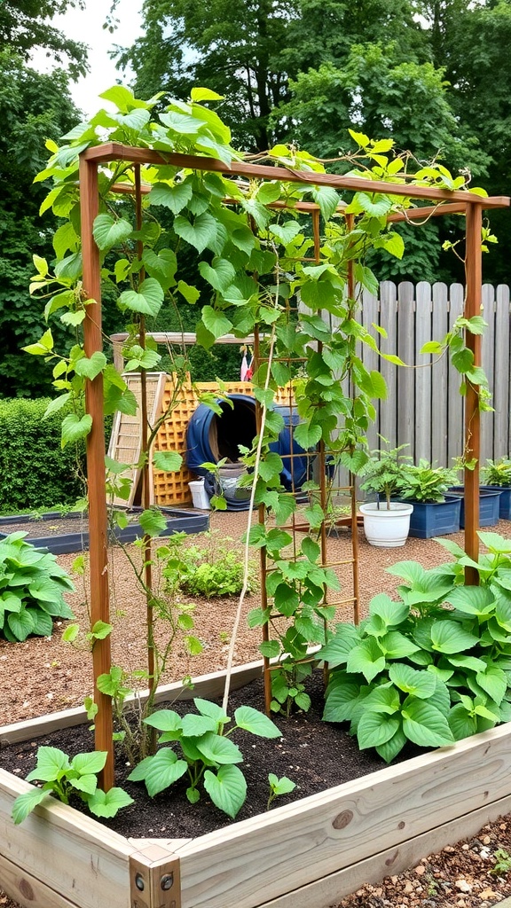 A wooden trellis with climbing plants in a raised garden bed, surrounded by lush greenery.
