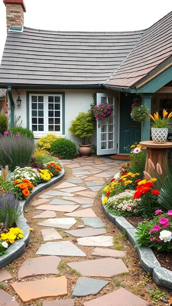 A charming stone pathway lined with colorful flowers leading to a cottage entrance.