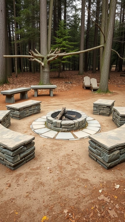 A fire pit with natural stone seating in a forested area, surrounded by trees and fallen leaves.