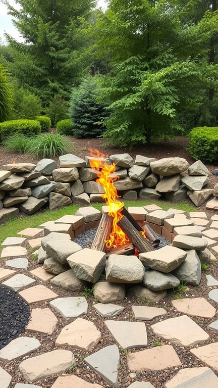 A natural rock fire pit with a vibrant fire in the center, surrounded by greenery.