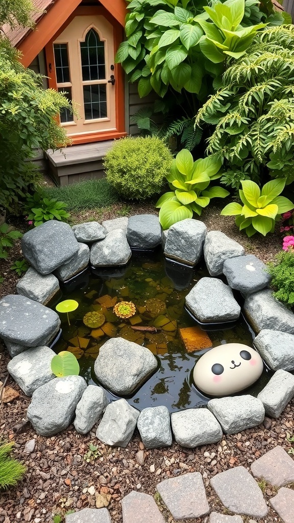A small garden pond surrounded by stones and plants, featuring a cute decoration.