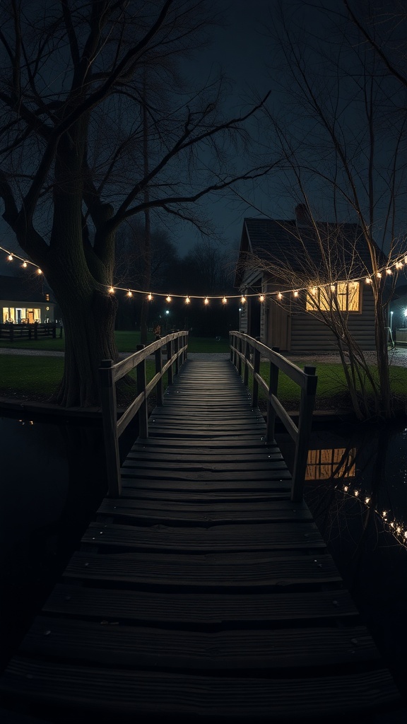 A rustic wooden bridge illuminated by string lights at night, leading to a cozy house near a garden pond.