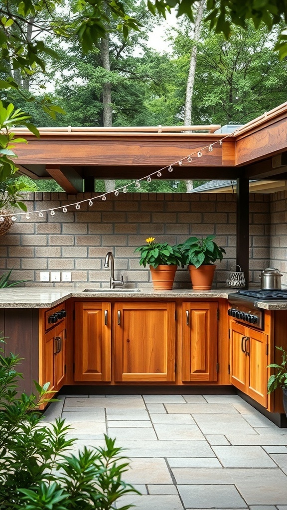 A rustic outdoor kitchen featuring wooden cabinets, a stone countertop, and potted plants.
