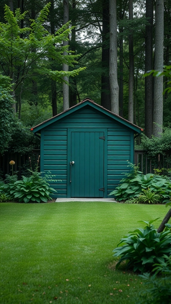 A green garden shed surrounded by lush greenery and grass.