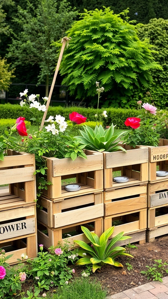 A rustic garden fence made of vintage wooden crates filled with colorful flowers.