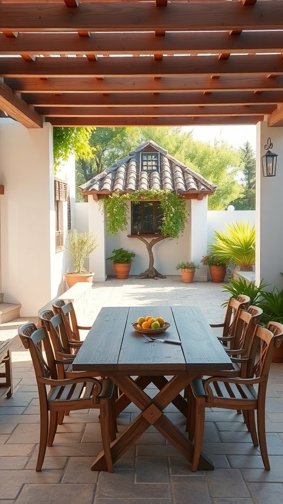 Rustic outdoor dining area with a wooden table, chairs, and potted plants.