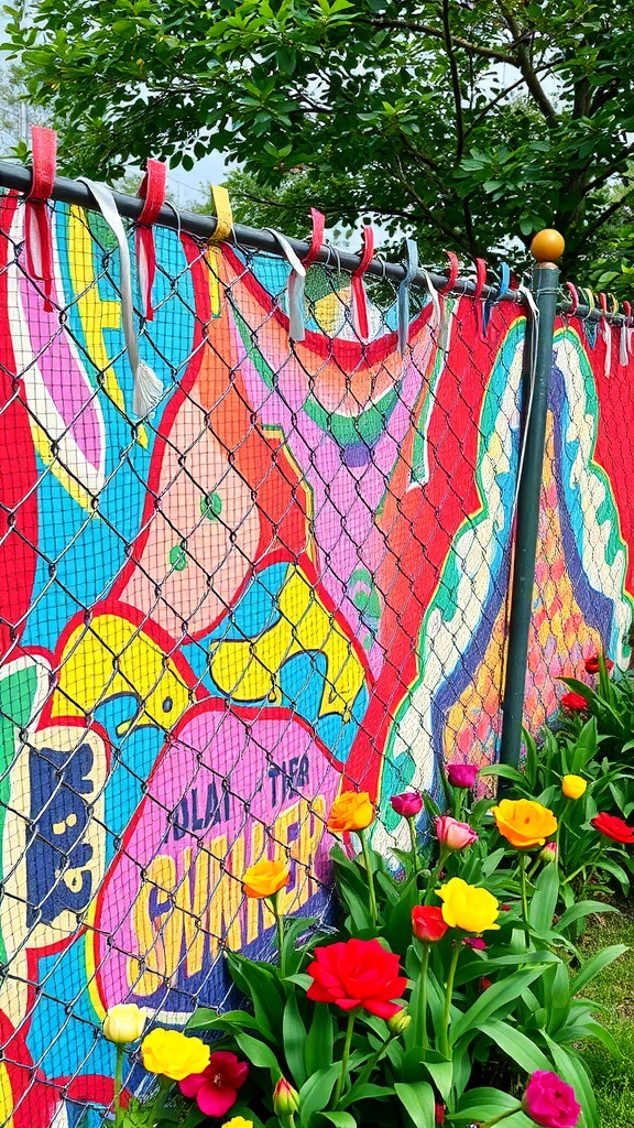 Colorful fabric screen on a chain link fence with flowers in front