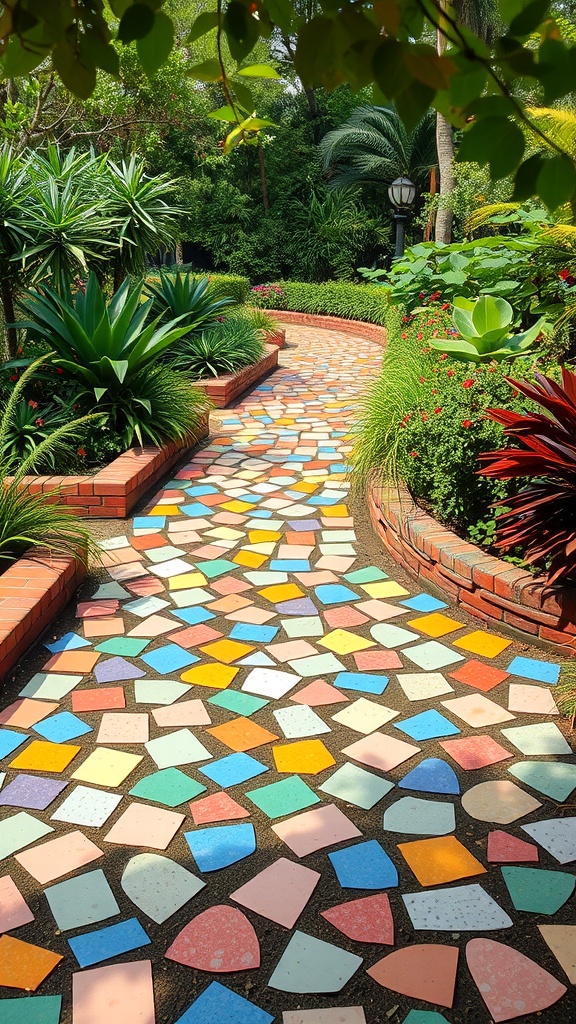 A colorful mosaic walkway winding through a lush garden with various plants.
