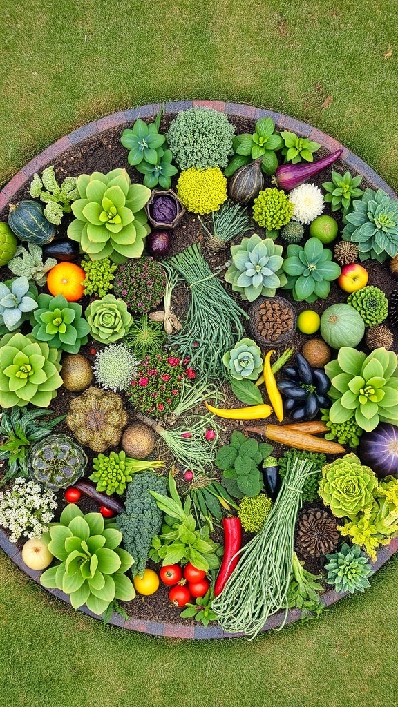A circular lawn filled with a variety of edible plants including vegetables and herbs.