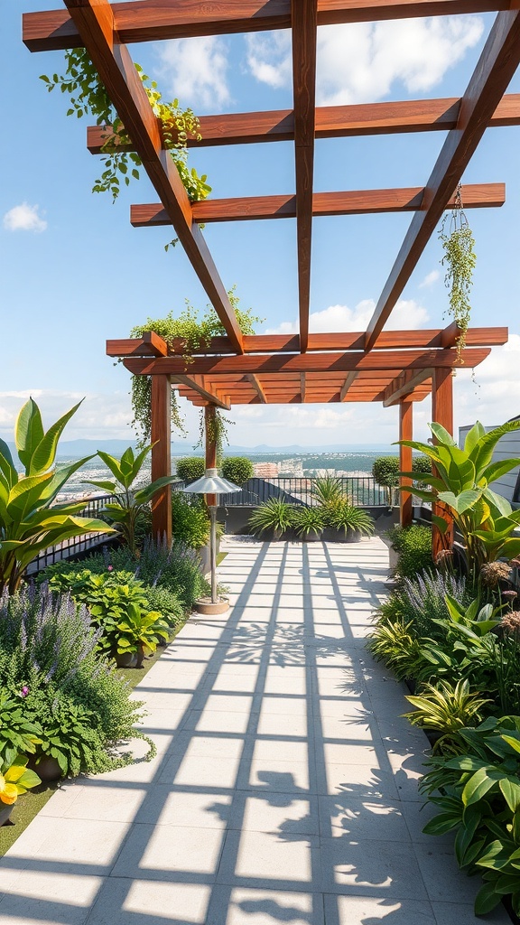 A rooftop garden with a wooden pergola, featuring various plants and people enjoying the space.